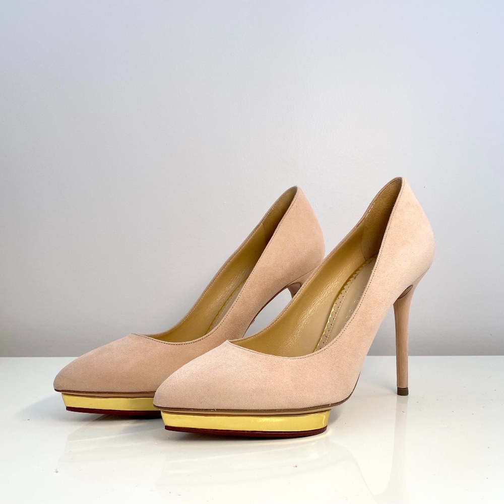 Charlotte Olympia pink suede heels